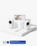1080P High-Performance Video Baby Monitor by Momcozy with two cameras and a display screen showing a baby, awarded Mom's Choice and National Parenting Product